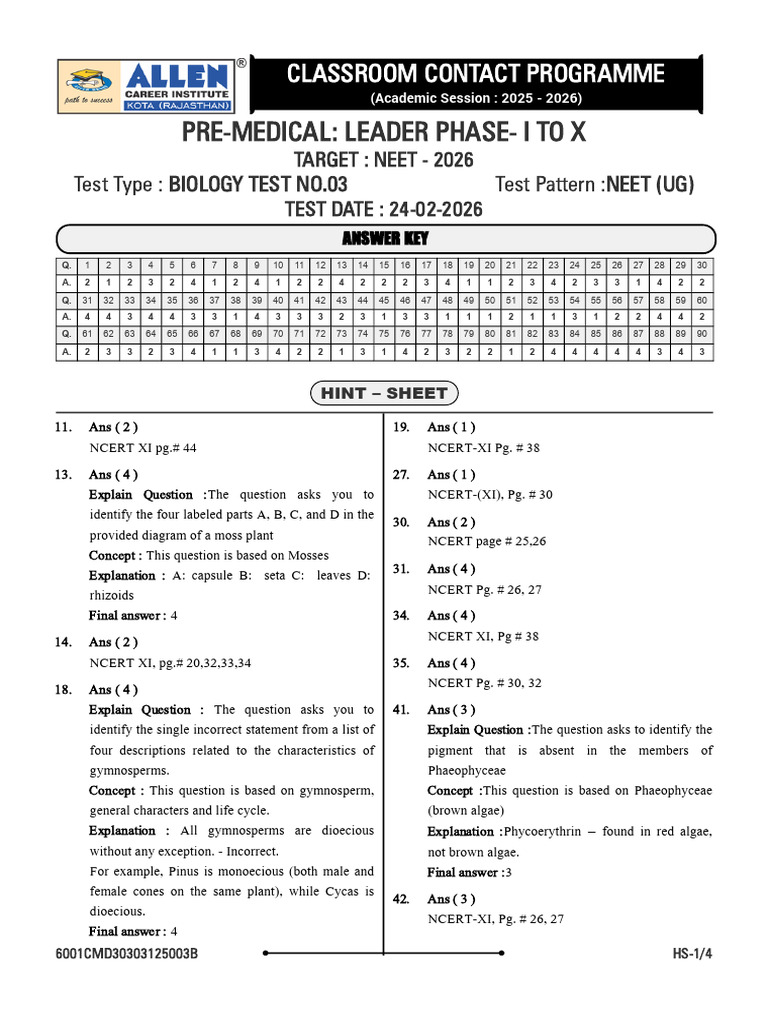 24-02-2026 Pre-Medical Leader Phase - I To X Biology Test No. 03 ...