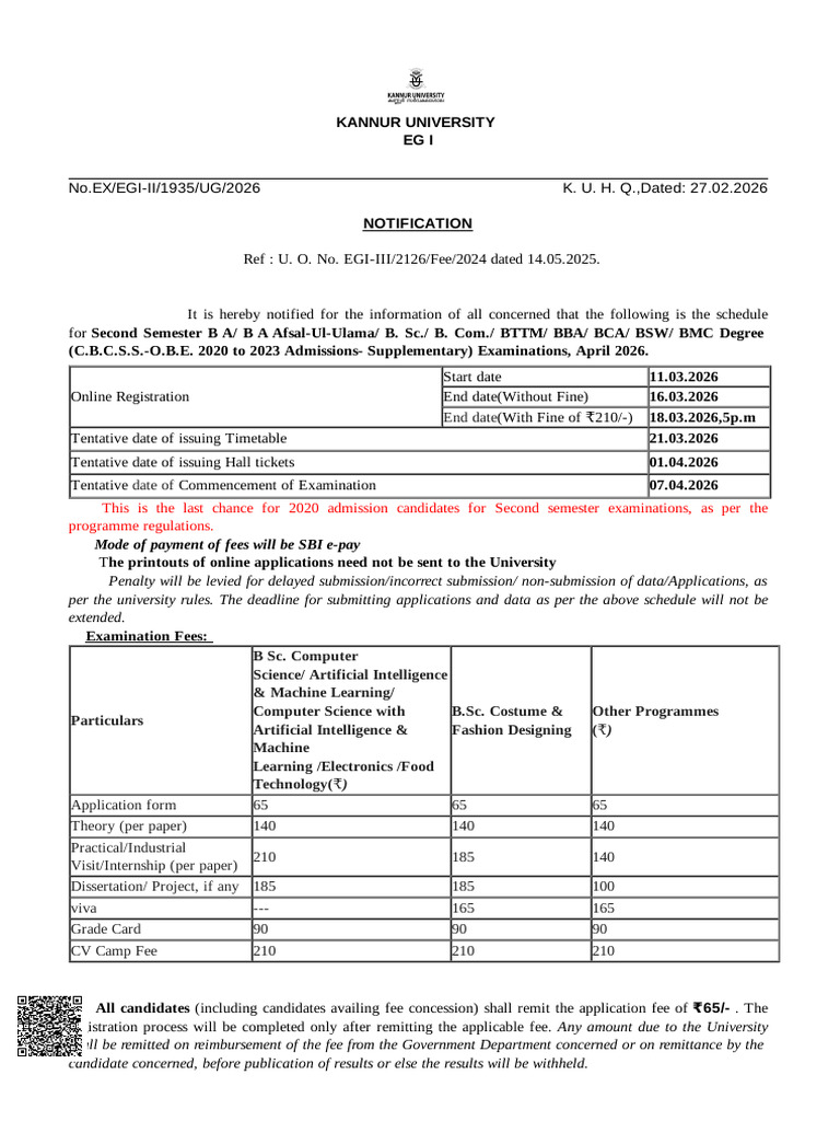 Sem 2 CBCSS Suppley Exam Notification | PDF