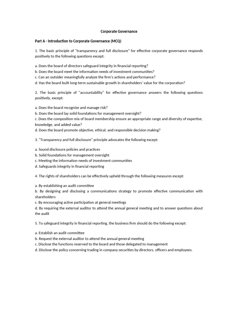 Corporate Governance Questions | PDF | Corporate Governance | Audit ...