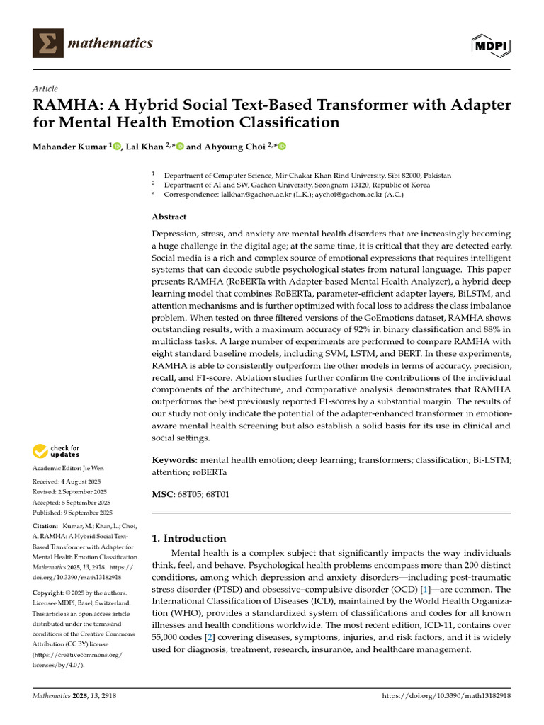 RAMHA: A Hybrid Social Text-Based Transformer With Adapter For Mental ...