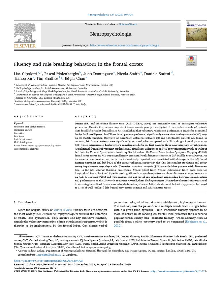 Fluency Neuro Psycholog I A | PDF | Frontal Lobe | Lateralization Of ...