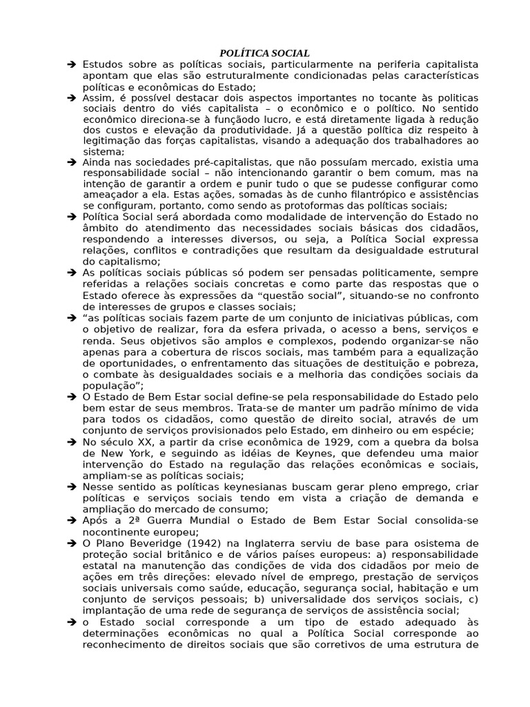 Política Social Resumo | PDF | Politica Social | Estado de bem-estar social