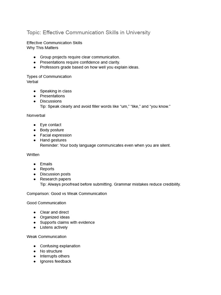 Topic - Effective Communication Skills in University | PDF