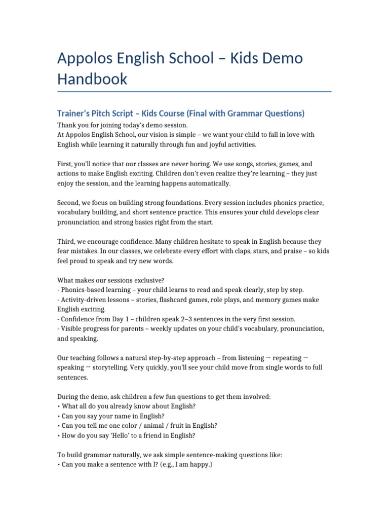Appolos Kids Demo Handbook | PDF | English Language | Sentence ...