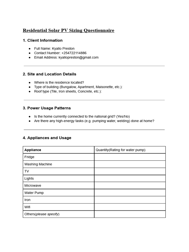Residential Solar PV Sizing Questionnaire | PDF