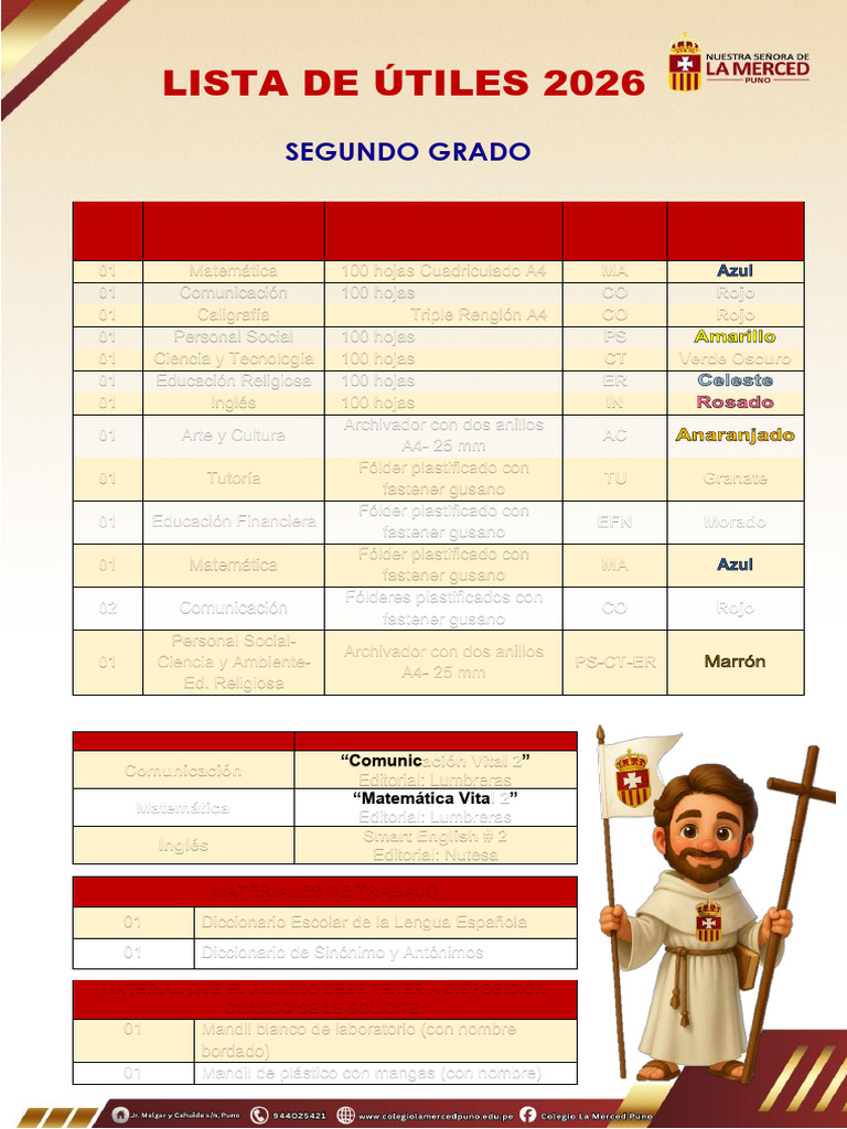 Lista de Útiles - 2do Primaria 2026 | PDF | Materiales de Conservación ...