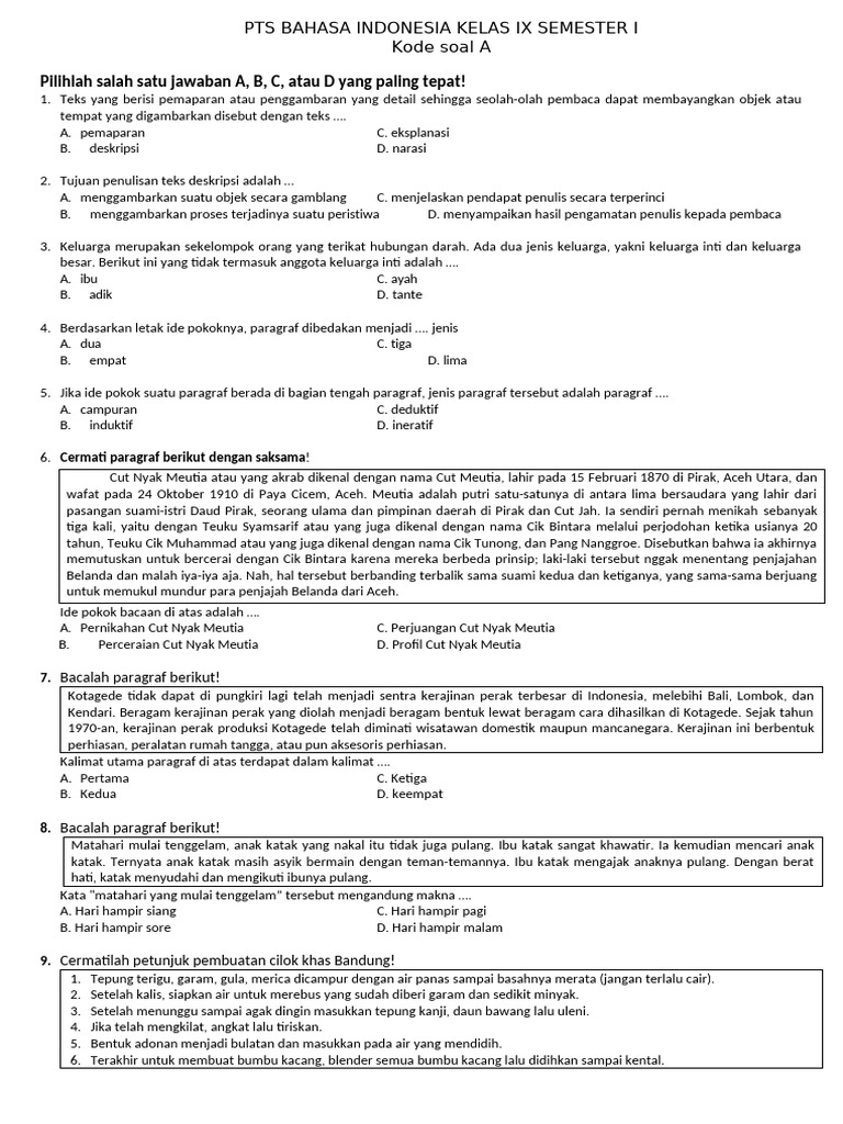 PTS BAHASA INDONESIA KELAS IX SEMESTER 1 New | PDF