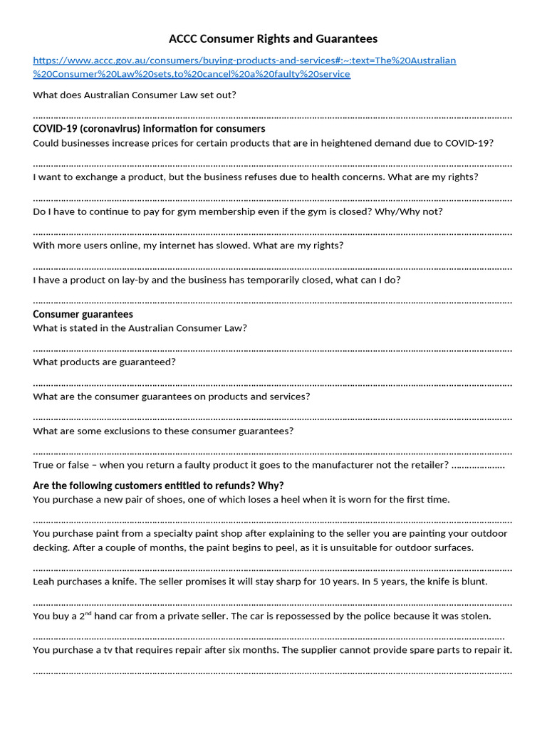 17 ACCC Consumer Rights and Guarantees Activity | PDF | Business ...