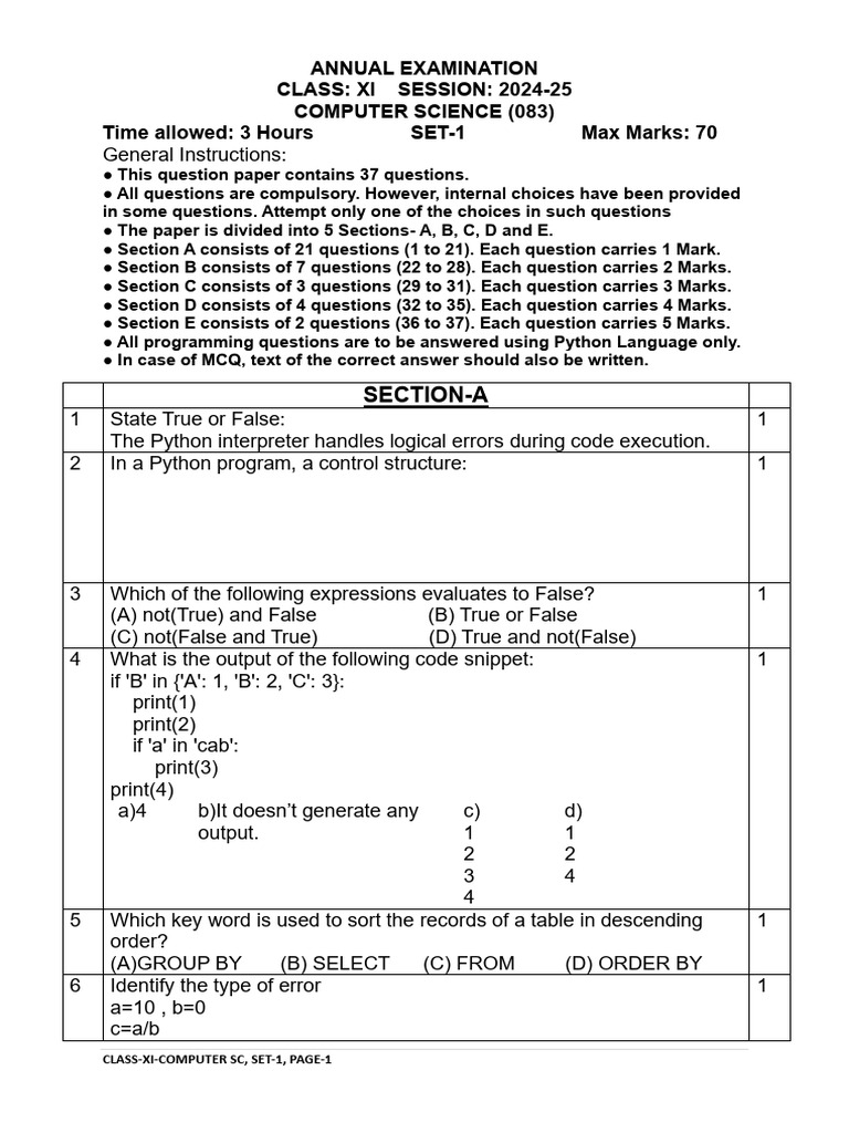Cs Xi Set 1 Annual Final | PDF | Python (Programming Language ...