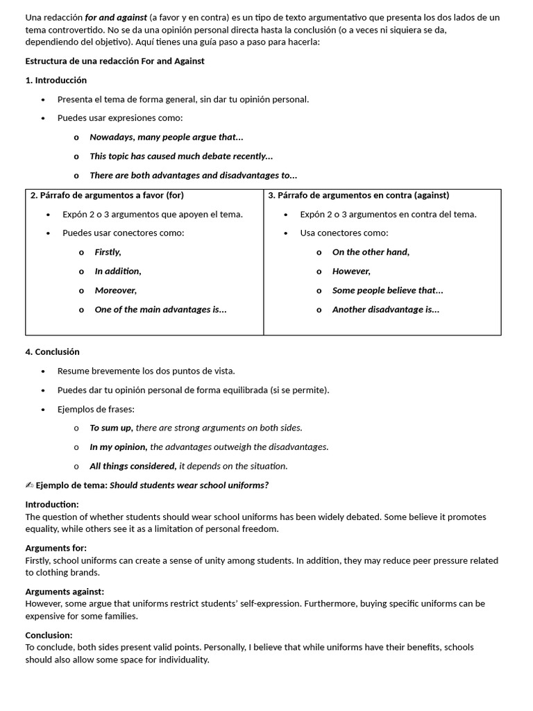 For and Against Essay | PDF | Argument