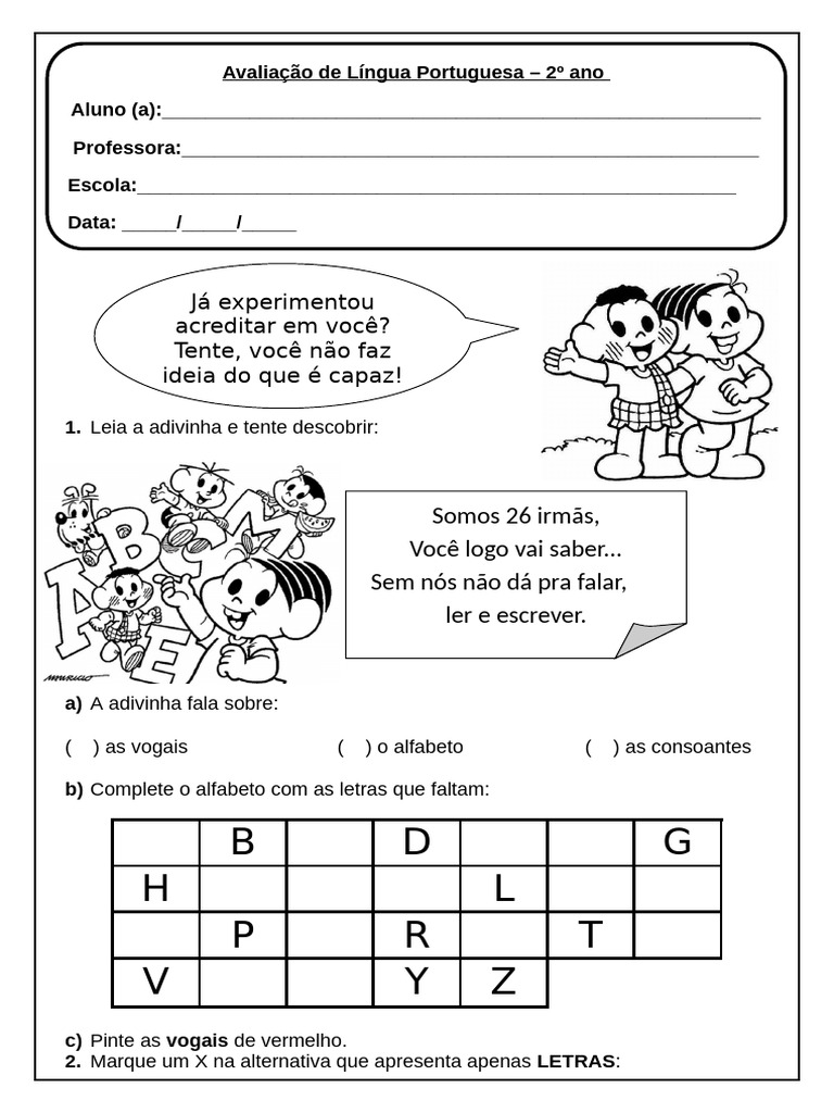 Avaliação de Língua Portuguesa 2º Ano 1º Bimestre | PDF | Idiomas ...