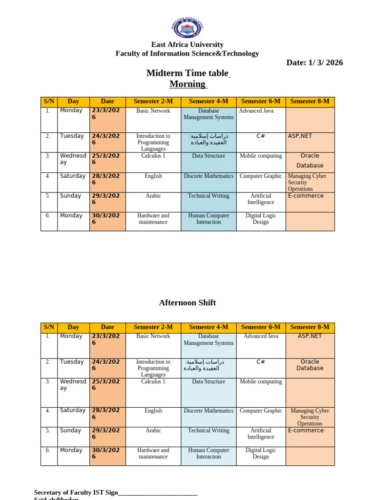 Midterm Time Table March2026 | PDF | Databases | Computing