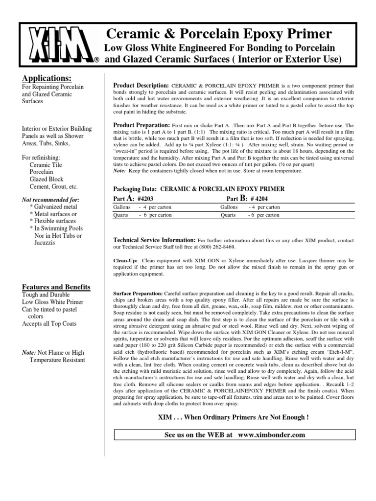 Ceramicporcelain Primer Data Sheet 4203, 4204 Epoxy Paint