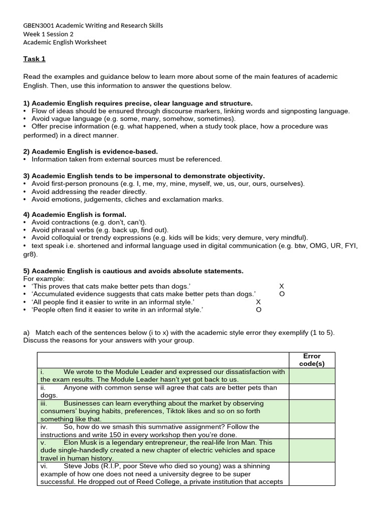 W1S2 - Academic English Worksheet | PDF | Expert | Grammar