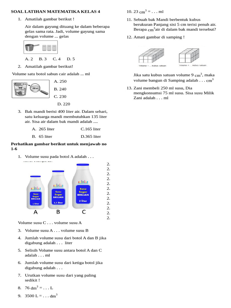 Soal Latihan Matematika (Volume) Kelas 4 Volume | PDF