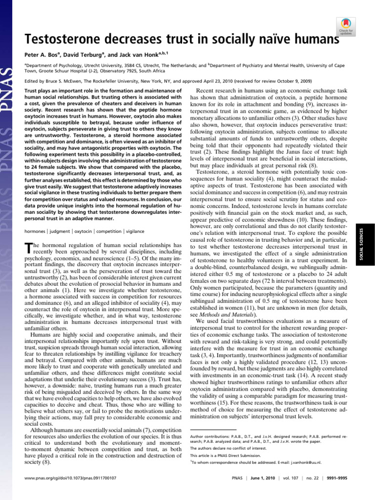 Testosterone Decreases Trust in Socially Naïve Humans | PDF ...
