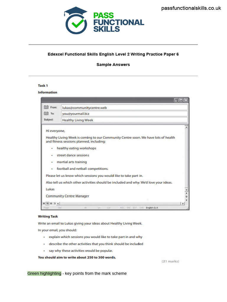 Edexcel Functional Skills English Level 2 Writing Paper 6 Model ...