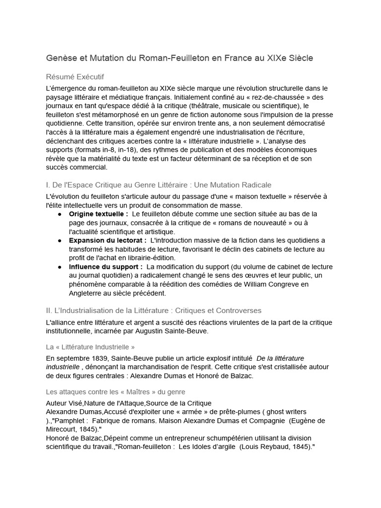 Genèse Et Mutation Du Roman-Feuilleton en France Au XIXe Siècle | PDF ...