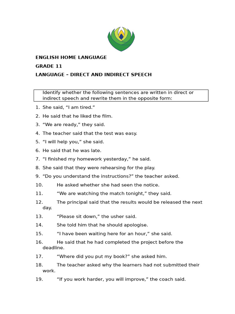 Direct and Indirect Speech Worksheet | PDF