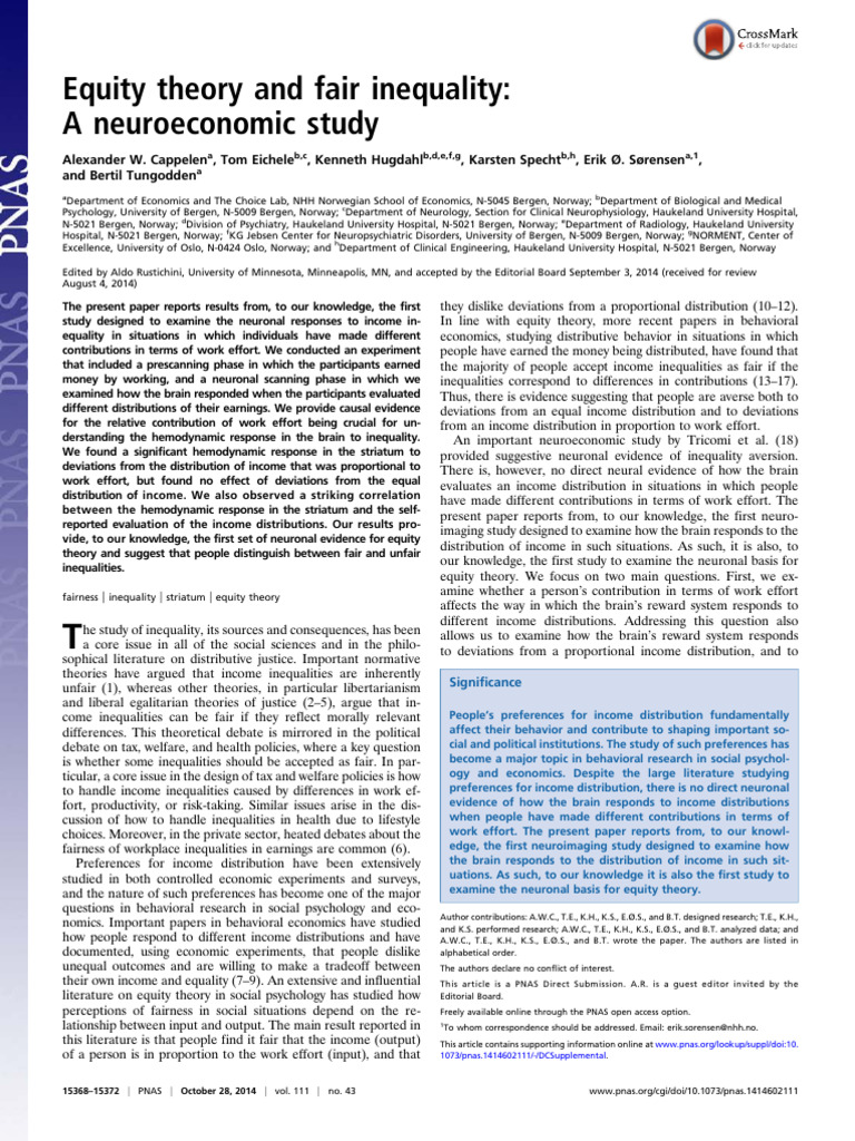 Equity Theory and Fair Inequality - A Neuroeconomic Study | PDF ...