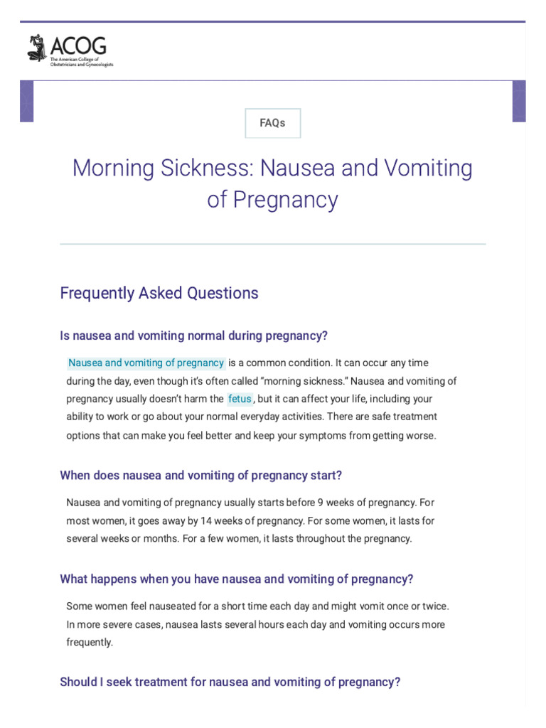 Morning Sickness - Nausea and Vomiting of Pregnancy - ACOG | PDF