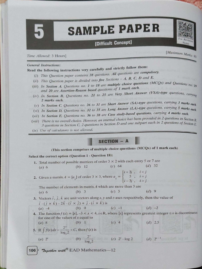 Sample Papaer For Maths | PDF