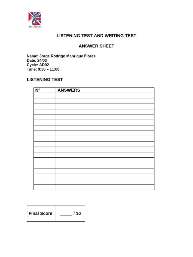 Listening Test and Writing Test - Answer Sheet | PDF