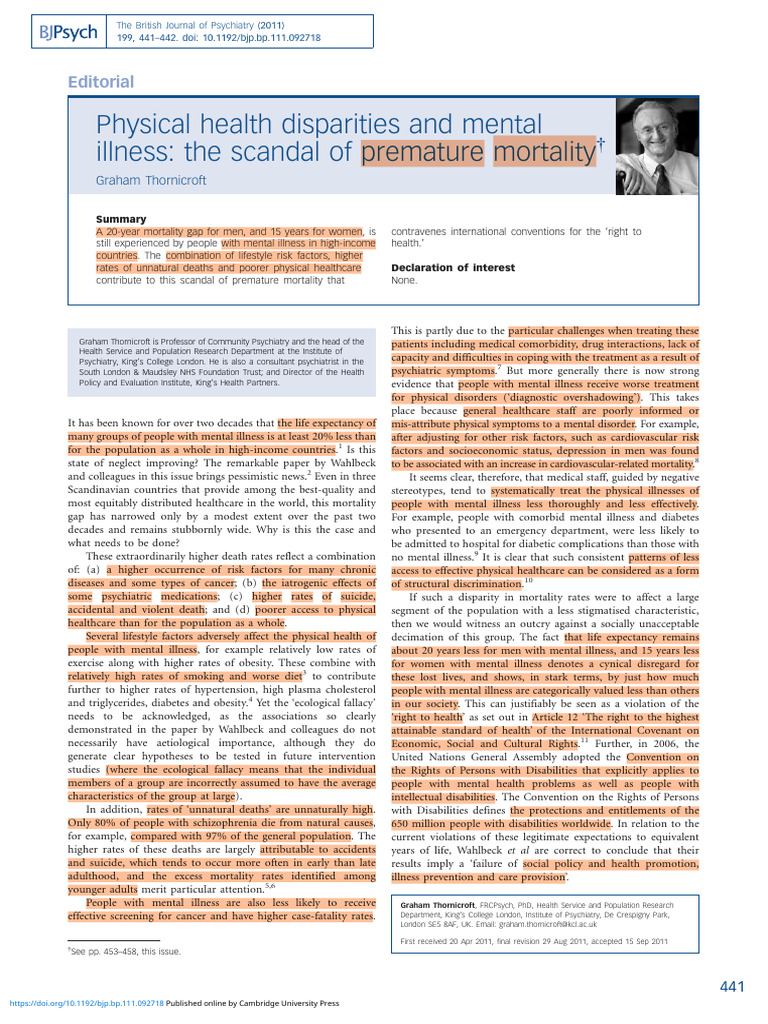 Physical Health Disparities and Mental Illness The Scandal of Premature ...