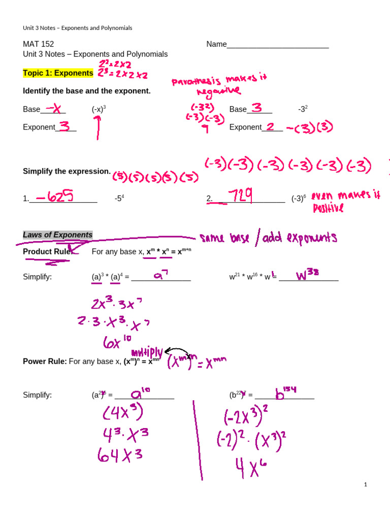 ALEKS 152 - Unit 3 Notes | PDF | Exponentiation | Elementary Mathematics