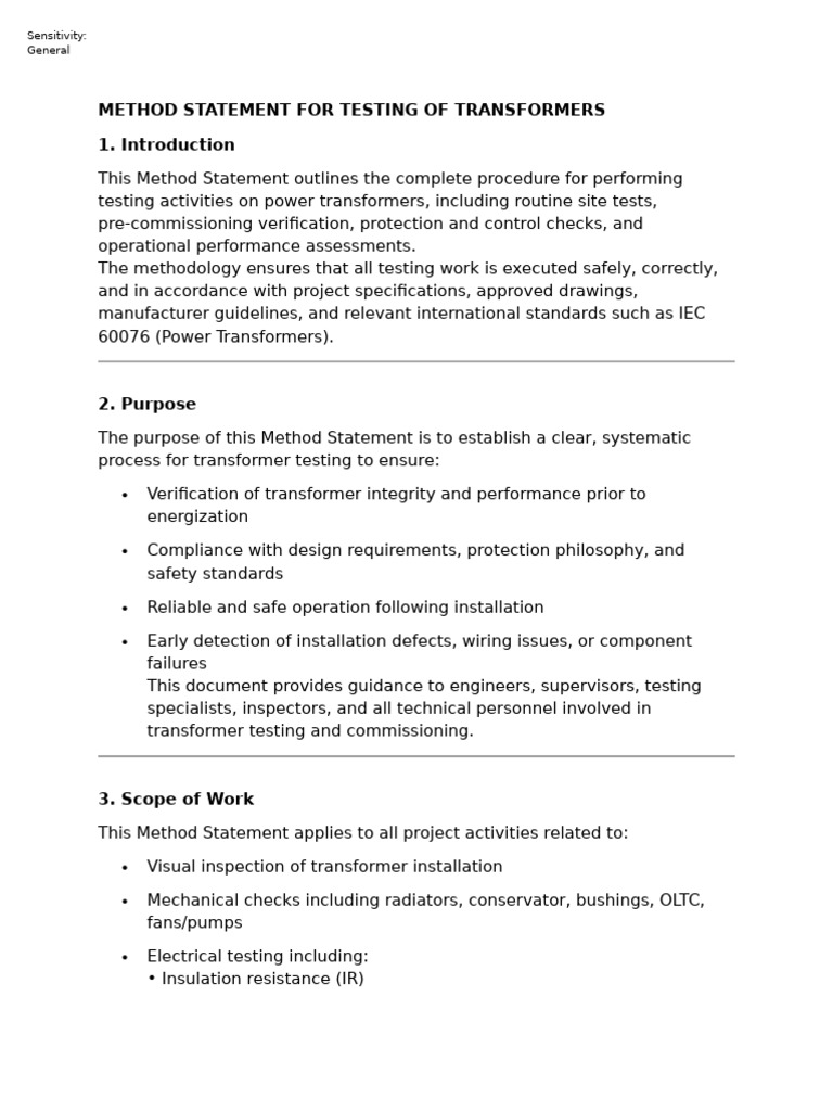 Method Statement For Testing of Transformers | PDF | Transformer | Relay
