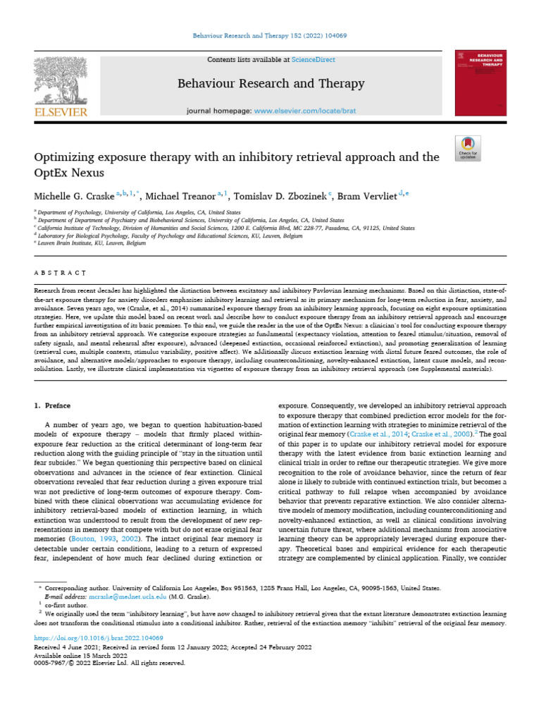 Craske (2022) Optimizing Exposure Therapy With An Inhibitory Retrieval ...