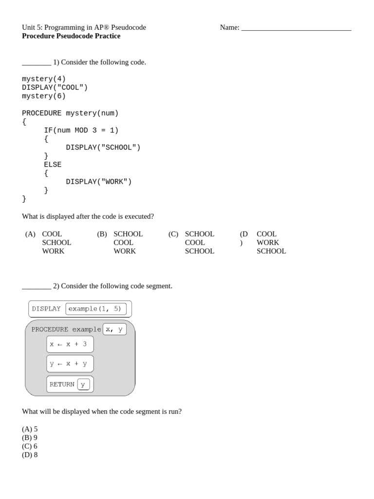 Procedure Pseudocode Practice | PDF | Computer Programming | Number Theory