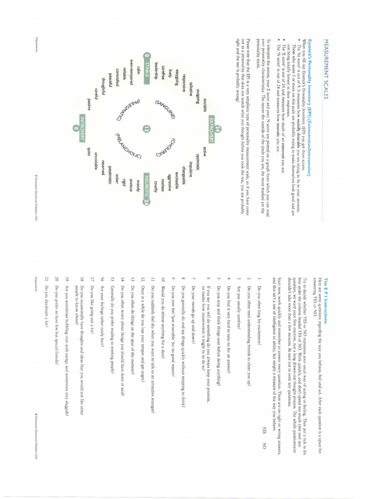 Eysenck's Personality Inventory (EPI) | PDF