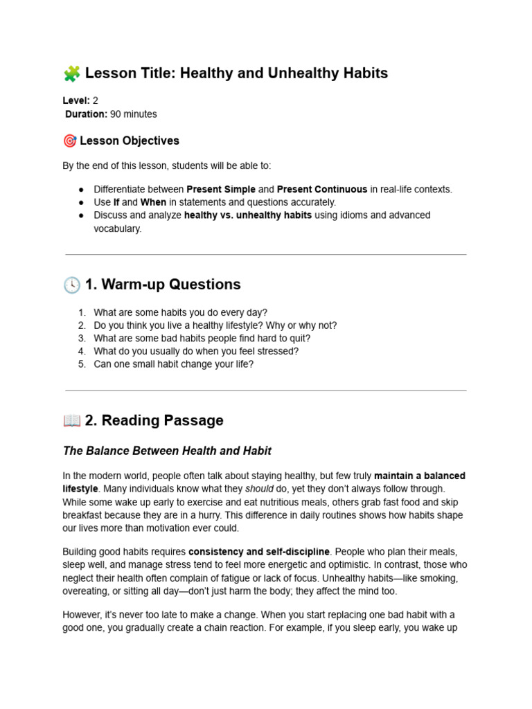 ? Lesson Title - Healthy and Unhealthy Habits-1 | PDF | Disciplines ...