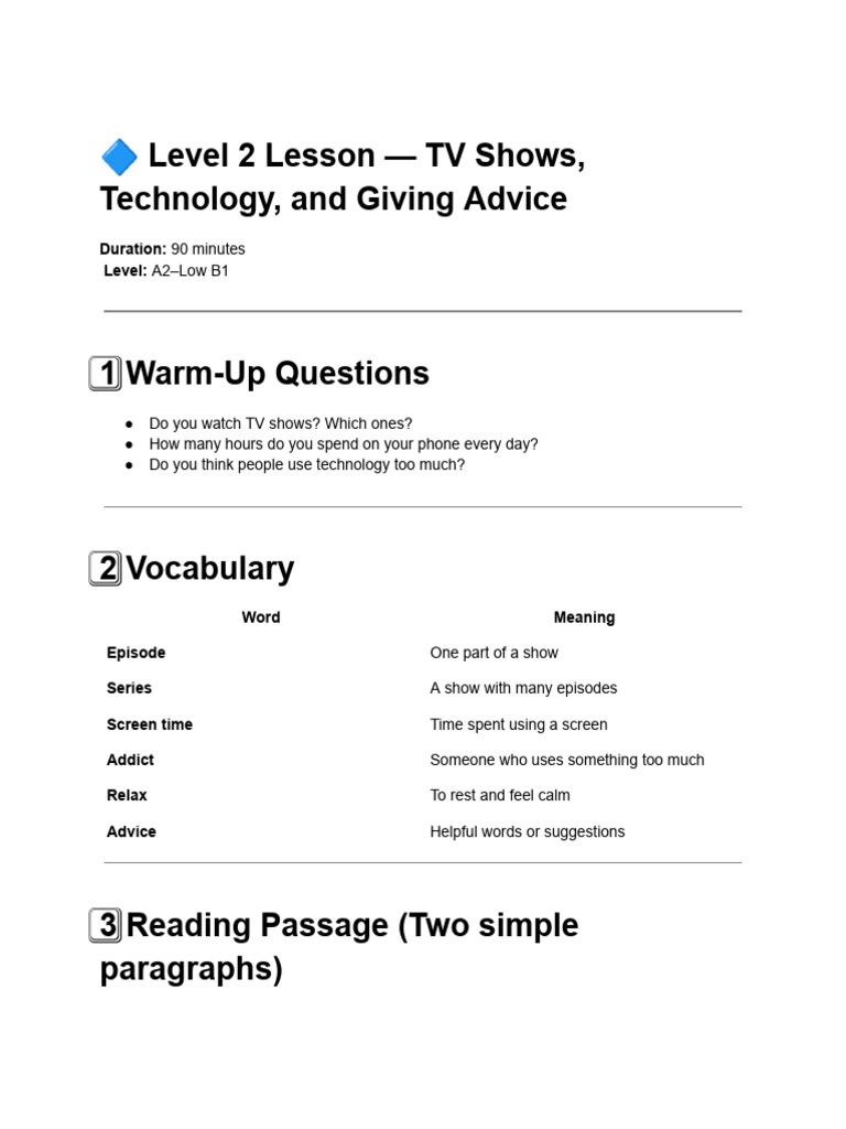 ? Level 2 Lesson — TV Shows, Technology, And Giving Advice | PDF ...