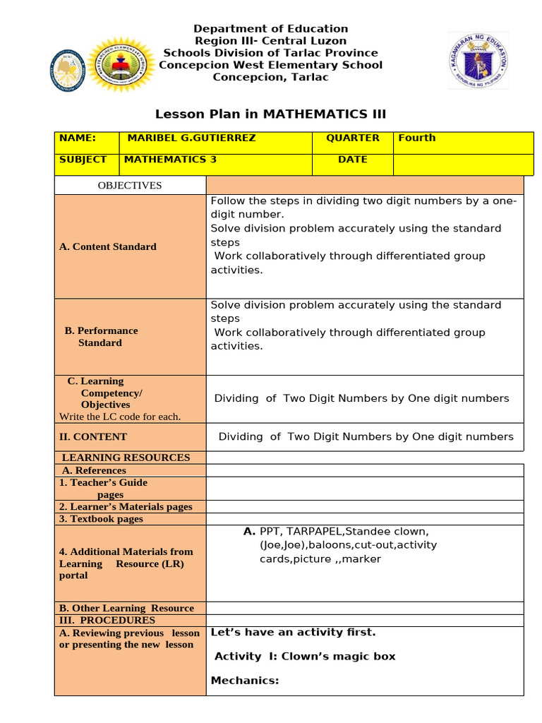 COT Dividing 1 To Digit Numbers (Fourt Quarter) | PDF | Division ...