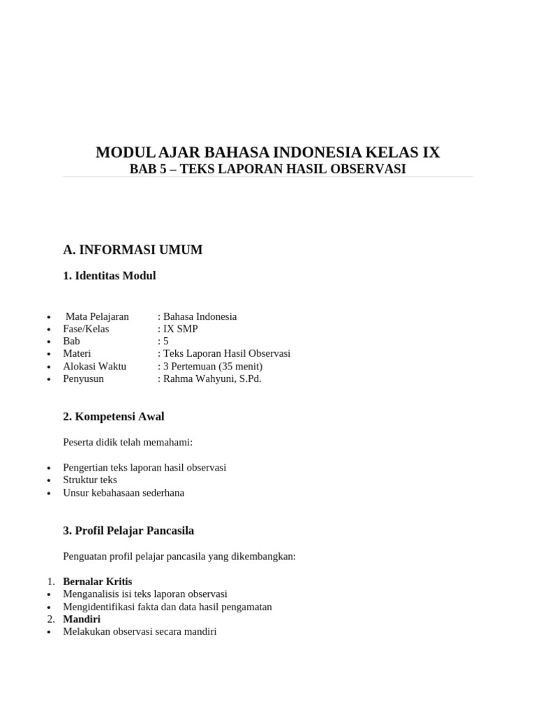 Modul Ajar Bahasa Indonesia Kelas Ix Materi Teks Laoran | PDF