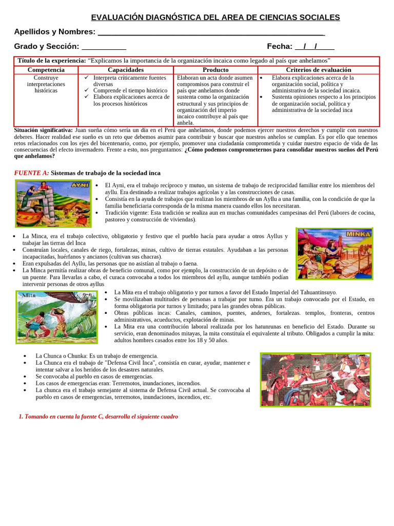 Ficha de Diagnóstico C. 1 | PDF | Imperio Inca | Andes