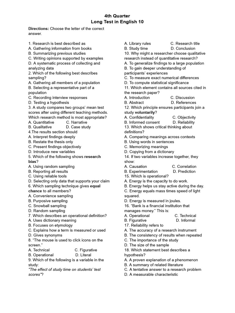 Long Test - G10 | PDF | Quantitative Research | Statistics