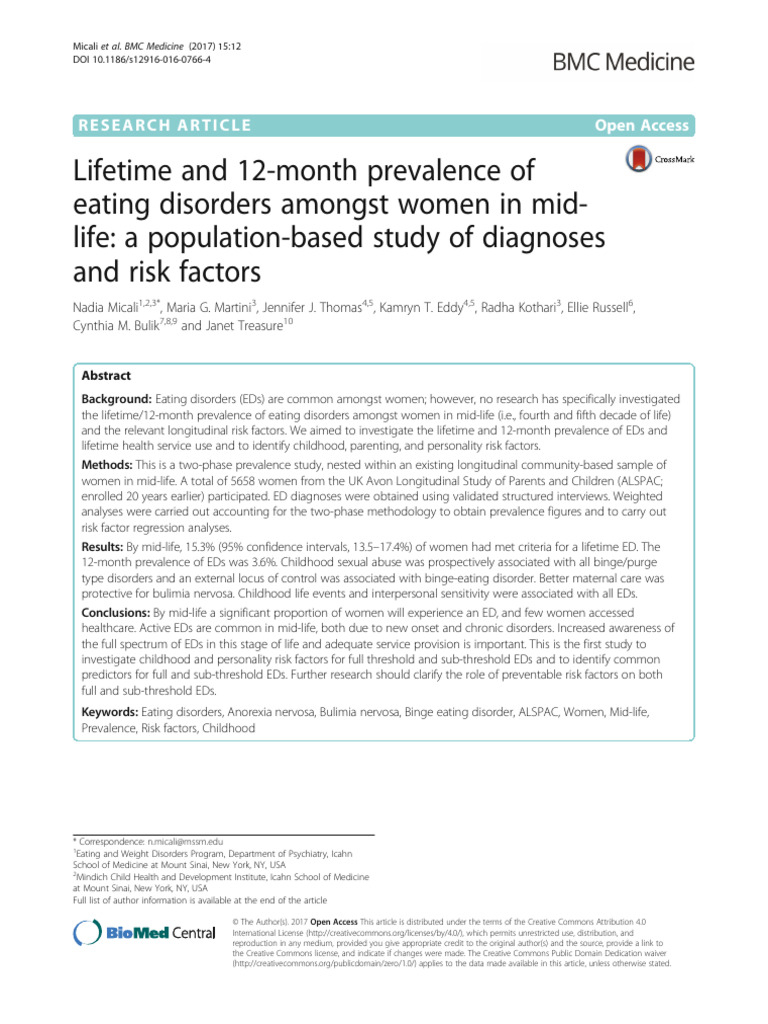 Lifetime and 12-Month Prevalence of Eating Disorders Amongst Women in ...