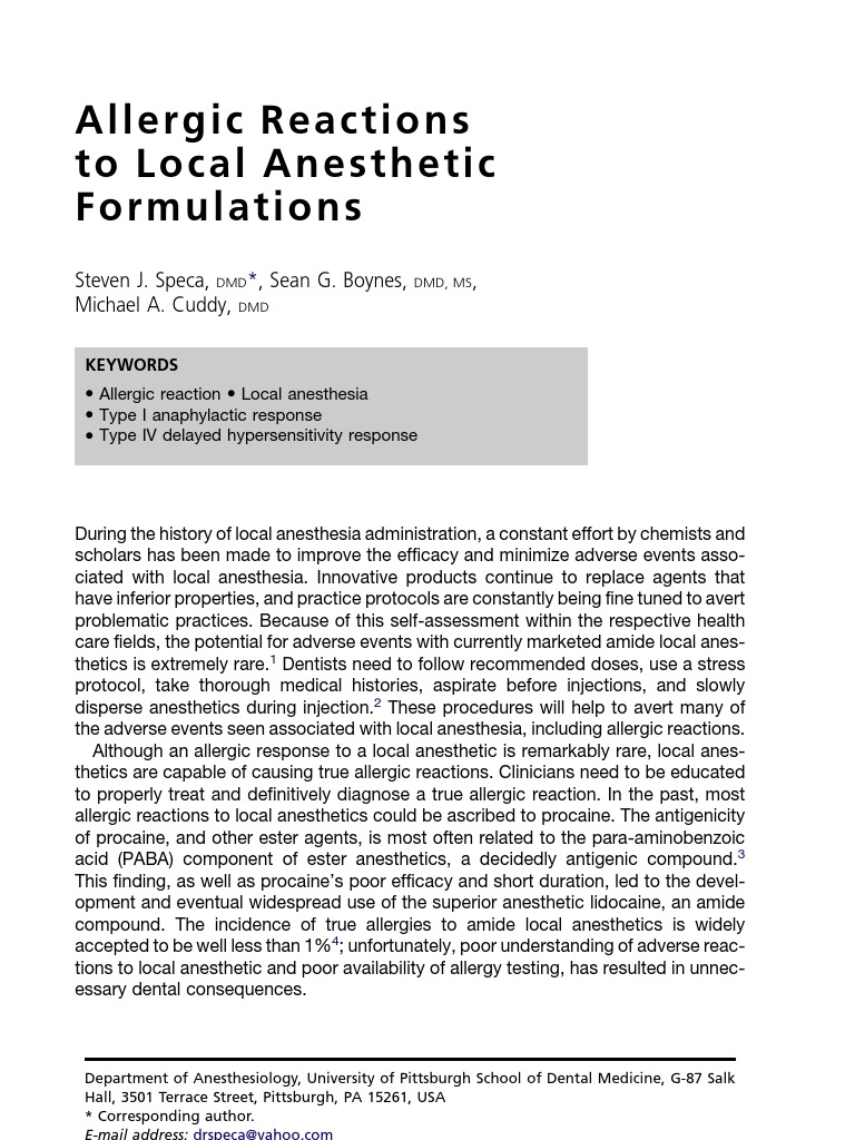 Allergic Reactions To Local Anesthetic Formulations Download Free PDF