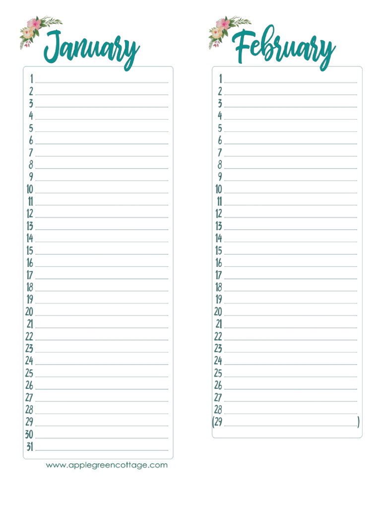 Monthly Calendar Perpetual Half Vertical by AppleGreenCottage | PDF