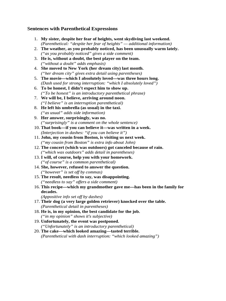 Sentences With Parenthetical Expressions | PDF | Bracket | Punctuation