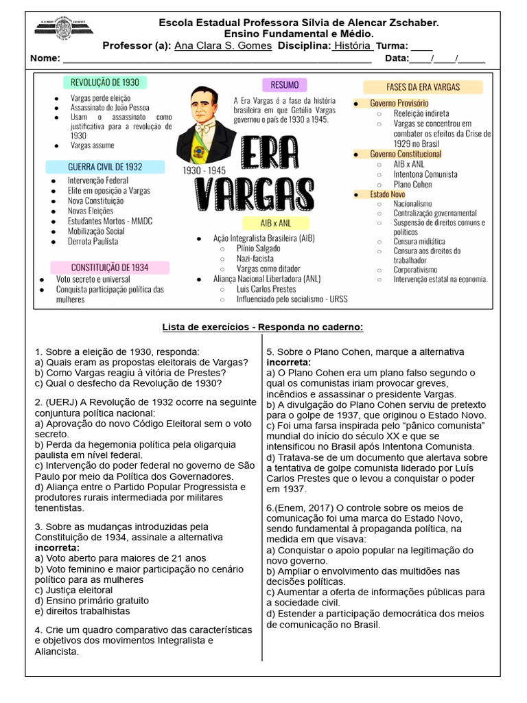 Atividades Era Vargas | PDF | Estado | Brasil