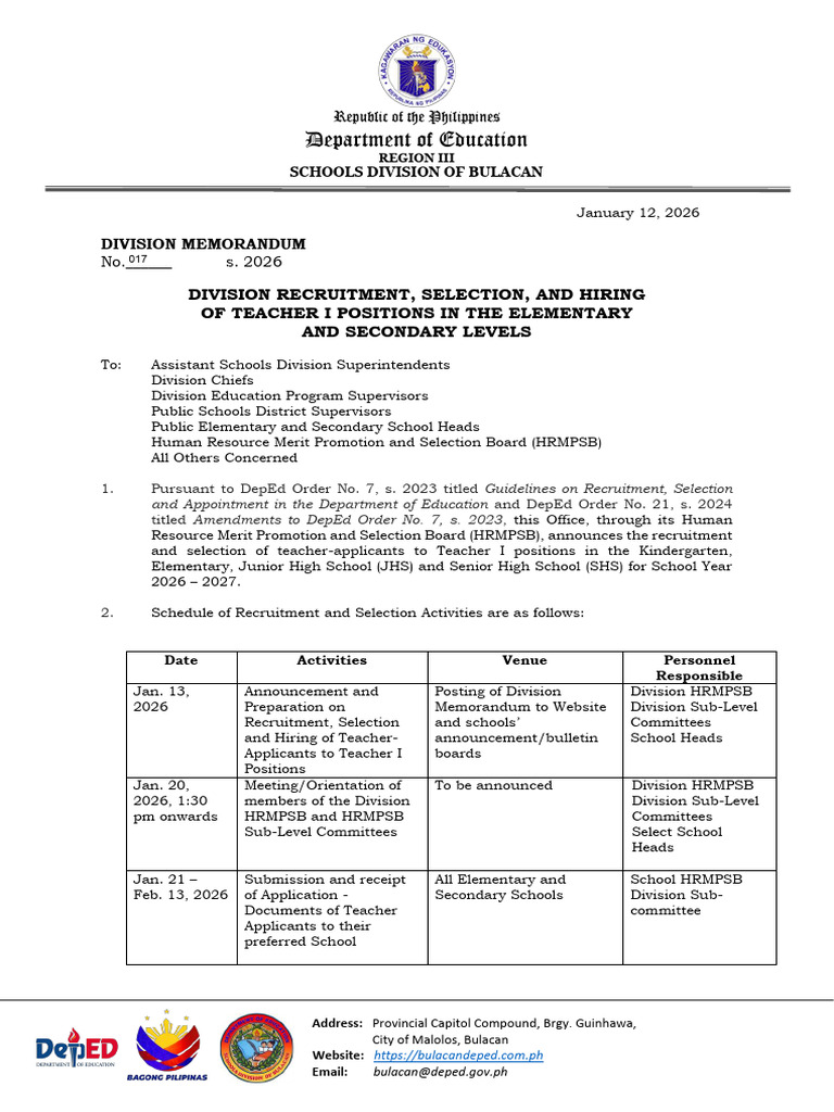 Division Memorandum No 017 S 2026 | PDF