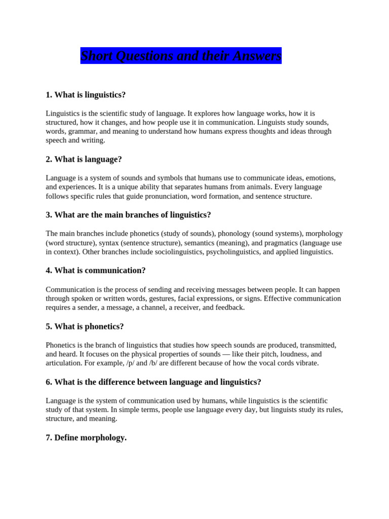 Short Questions and Their Answers | PDF | Semantics | Linguistics