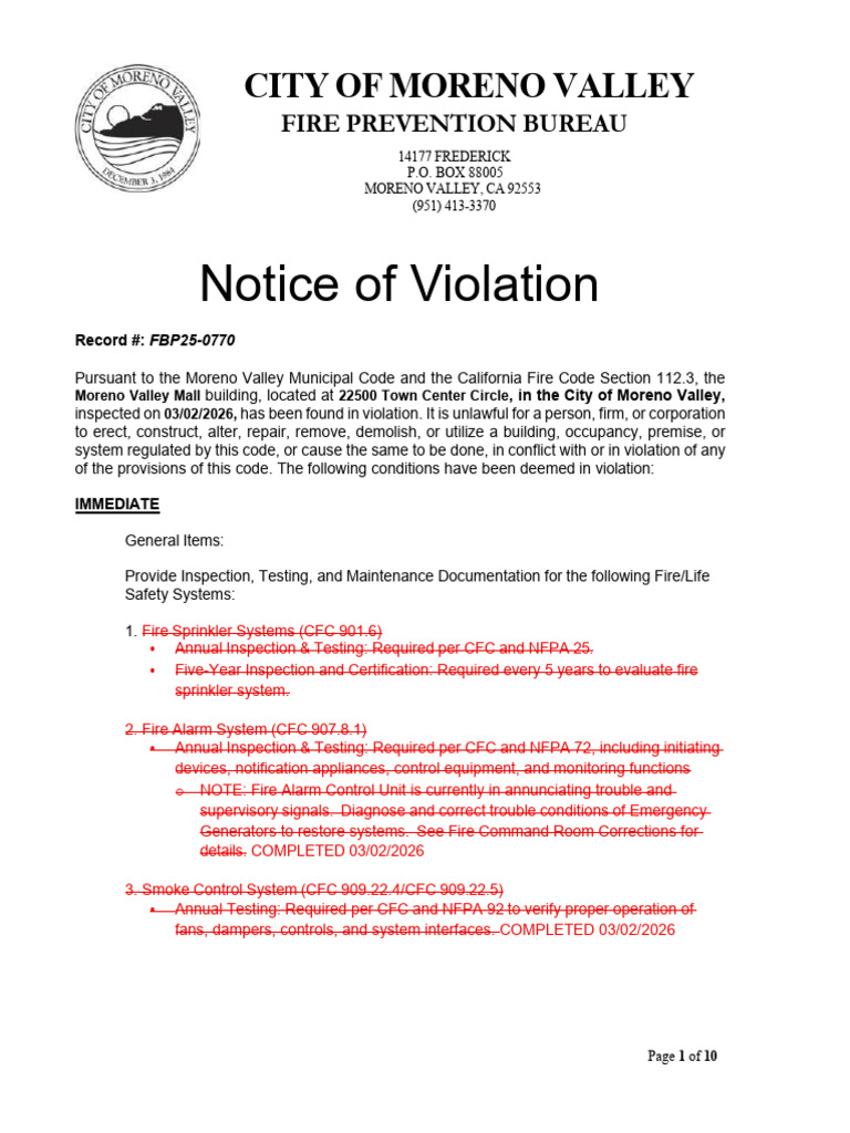Moreno Valley City Report On Moreno Valley Mall Fire Code Violations ...