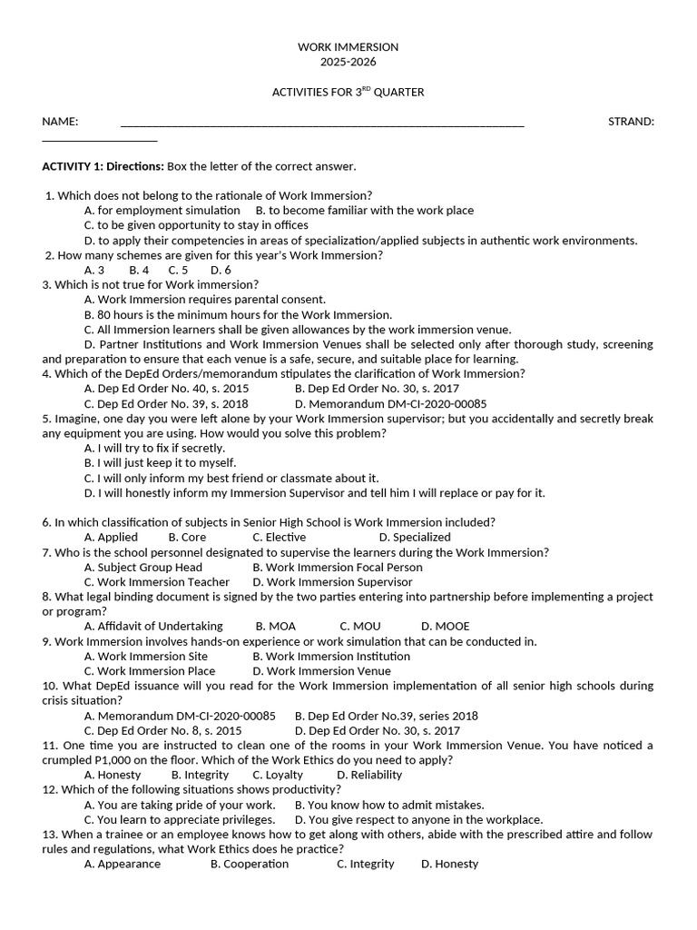 Work Immersion Activities For 3rd Quarter | PDF | Occupational Safety ...
