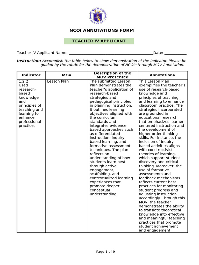 NCOI Annotations Form For Teacher V Applicant | PDF | Learning ...