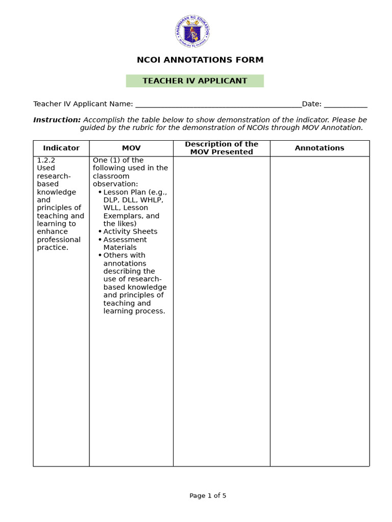 NCOI Annotations Form For Teacher IV Applicant | PDF | Teachers | Learning